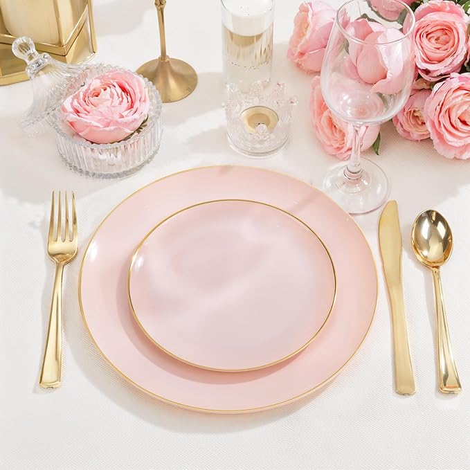 PULOTE 200Pieces Pink Plastic Plates - Premium Hard Pink and Gold Disposable - Include 100PCS 10 inch Dinner & 100PCS 7 inch Dessert Plates, Ideal for Wedding & Party