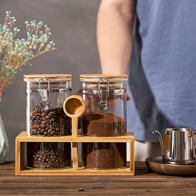 Yangbaga Ground Coffee Storage Container with Shelf, 2×45OZ Glass Coffee and Sugar Container Set, Coffee Canisters with Airtight Lids and Scoop, Food Storage Jars for Kitchen,Nuts,Tea,Sugar