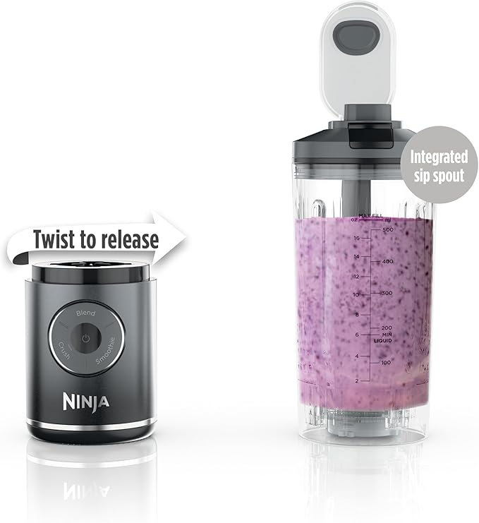Ninja Blast Max, Portable & Personal Blender + Twist & Go, Smoothie, Blend, Ice Crush, 3 Programs, Cordless, 22 oz removable Vessel, Dishwasher Safe, Leakproof, Grey, BC251GY