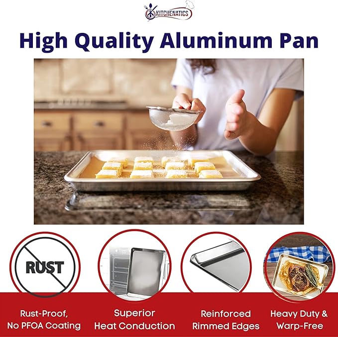KITCHENATICS Premium Quality Half Sheet Size Baking Pans, Nonstick Cookie Sheets for Baking, Oven Safe Baking Sheet Pans, Heavy Duty 1/2 Commercial Baking Sheets for Oven - 13.1" x 17.9" IN, Set of 2