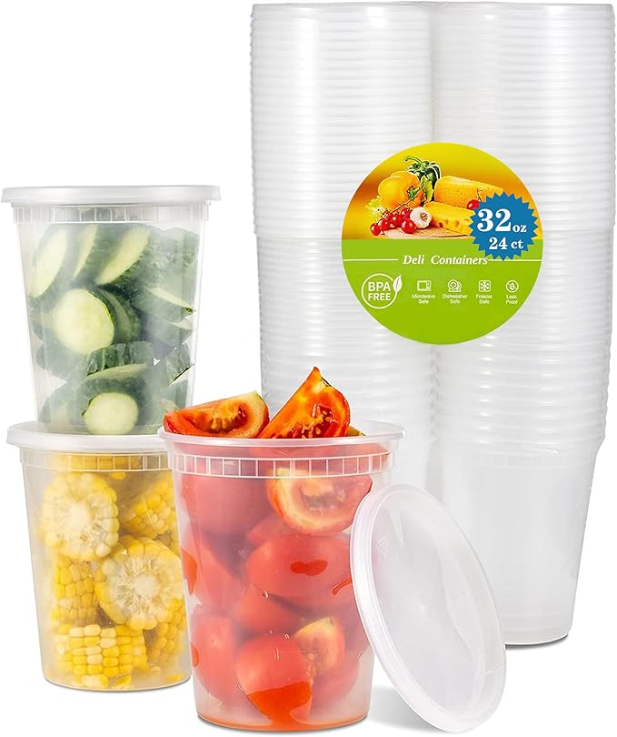 TashiBox 24 Sets 32 oz Plastic Deli Containers with Lids - Clear Airtight Food Storage & Meal Prep Containers, BPA Free, Stackable, Leakproof, Microwave & Freezer Safe