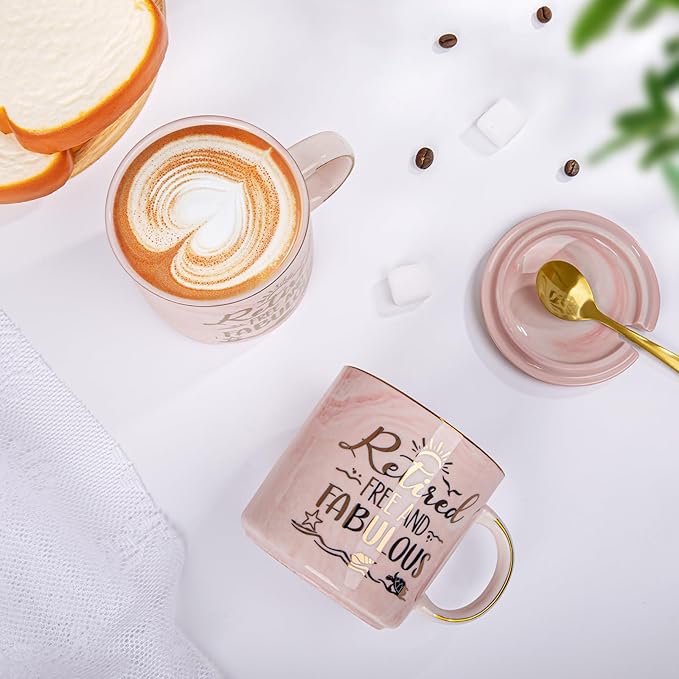Retirement Gift for Woman 2025 - Retirement Gifts for Women, Coworker Leaving, Farewell, Going Away, Goodbye Gifts, Retired Free And Fabulous -14oz Pink Marble Coffee Mug, Gift Box