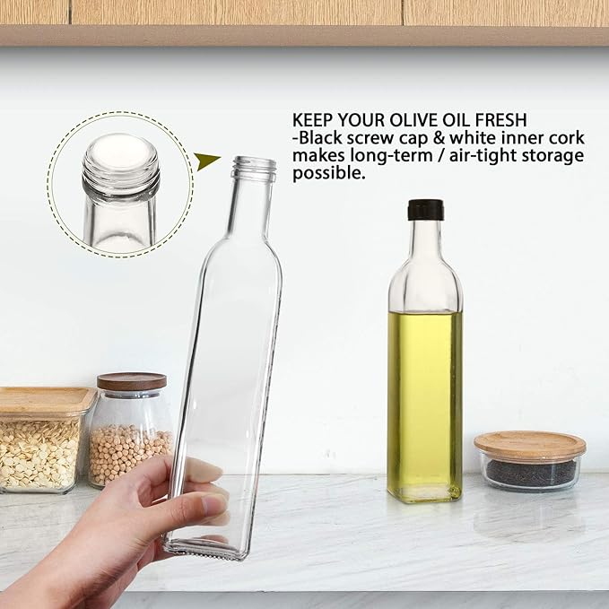 AOZITA [2 PACK] 17 oz Glass Olive Oil Dispenser Bottle Set - 500ml Clear Oil & Vinegar Cruet Bottle with Pourers, Funnel and Labels
