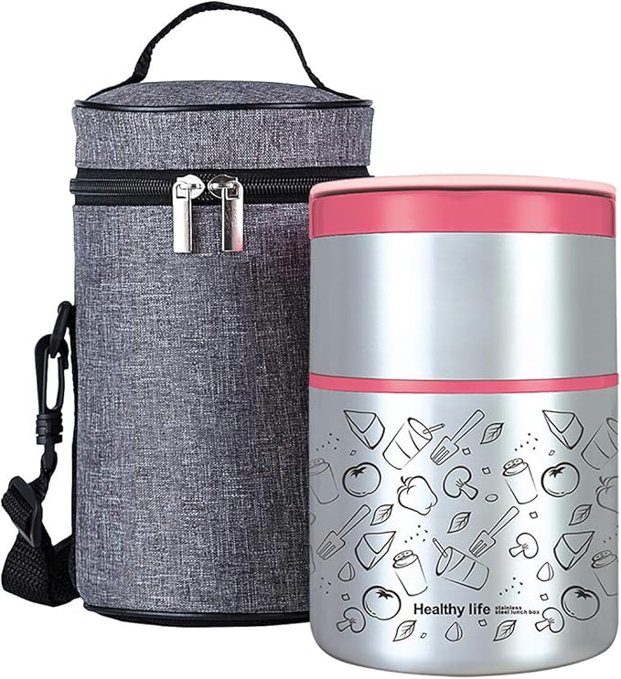 Lille Home Vacuum Insulated Stackable Stainless Steel Thermal Lunch/Snack box, 2-Tier Bento/Food Container with Lunch bag, Smart Diet, Weight Control, 32 Ounces, Pink