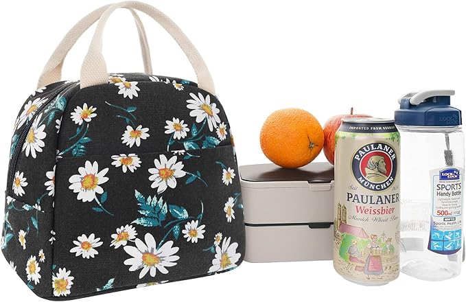 EurCross Women's Lunch Bags for Work with Chic Floral Daisy Pattern,Canvas Stylish and Insulated Black Lunch Tote Bento box Bag Carrier of On-the-Go Storage