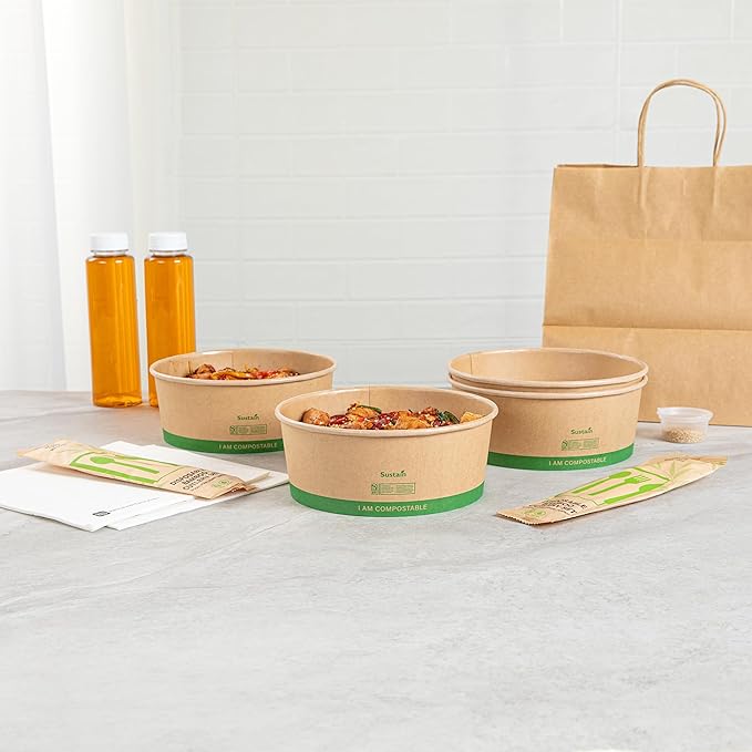 Restaurantware Compostable Paper Food Containers 200 Pack Of 50 oz BPI-Certified Round Kraft Salad Bowls Disposable Grease-Resistant Meal Prep Take Out Containers For Ice Creams, Soups, Snacks