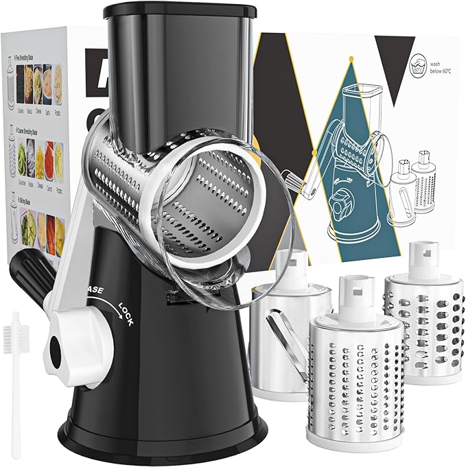 Cambom Rotary Cheese Grater Hand Crank Cheese Shredder for Fresh Cheese, Vegetable, Nuts,Non-slip Suction Base, Free Cleaning Brush Three Blades, Black