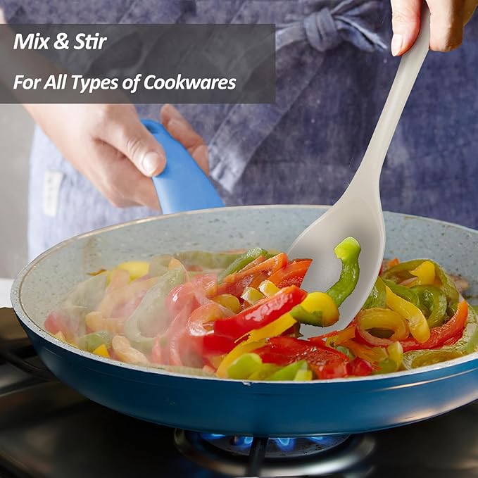 Silicone Slotted Spoons for Cooking - Extra Large Kitchen Spoons for Mixing, Serving, & Stirring - 600°F Heat-Resistant Non Stick Utensils Skimmer- Dishwasher Safe, Khaki