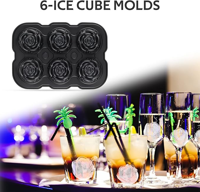 Ice Cube Tray, Mikiwon 2 inch Rose Ice Cube Trays With Covers, 6 Cavity Silicone Rose Ice Ball Maker, Easy Release Large Ice Cube Form for Chilled Cocktails, Whiskey, Bourbon & Homemade Juice Black