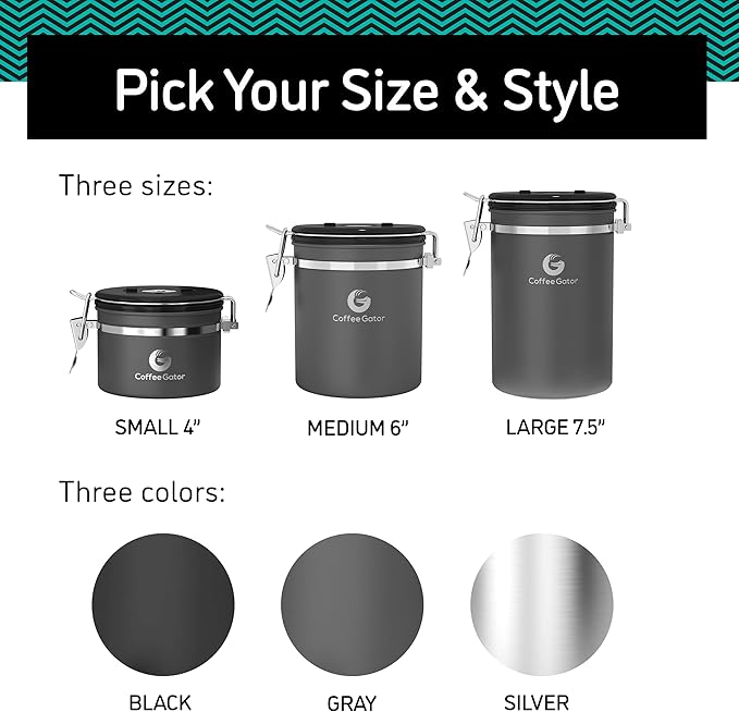 Coffee Gator Stainless Steel Canister - Medium 16oz, Gray Coffee Grounds and Beans Container with Date-Tracker, CO2-Release Valve, and Measuring Scoop - Ideal Coffee Lovers Gifts