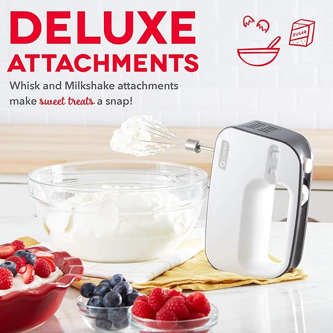 Dash SmartStore™ Deluxe Compact Electric Hand Mixer + Whisk and Milkshake Attachment for Whipping, Mixing Cookies, Brownies, Cakes, Dough, Batters, Meringues & More, 3 Speed, 150-Watt – Grey