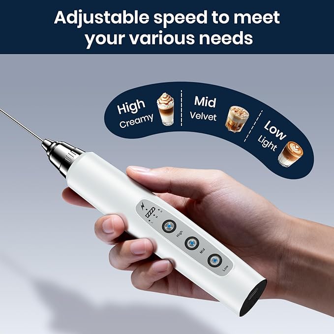 Milk Frother with Stand Rechargeable-Handheld Coffee Frother with 3 Stainless Whisks 3 Speed Adjustable, Electric Whisk Drink Mixer, Foam Maker Blender for Matcha Latte Cappuccino Chocolate