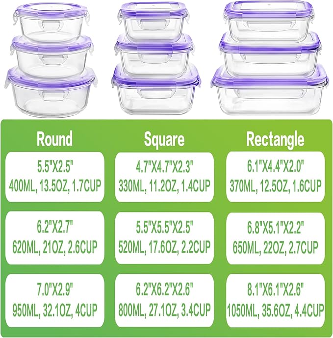 HOMBERKING Glass Food Storage Containers with Lids, 18 Piece Meal Prep Containers, Airtight Lunch Bento Boxes, BPA-Free & Leak Proof (9 Lids & 9 Containers) - Purple