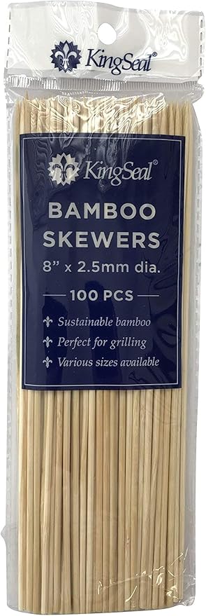 1600 Count | KingSeal Natural Bamboo Wood Grilling Skewers, 8 Inches x 2.5mm Diamter, for Shish Kebabs, BBQ, and Fruit Arrangements, Bulk Pack - 16 Packs x 100 Skewers