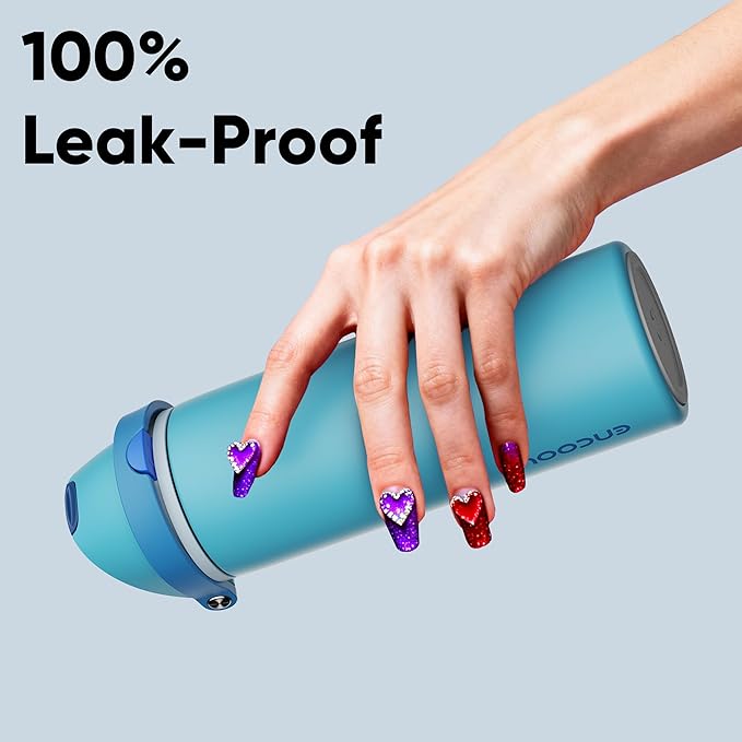 Insulated Water Bottle with Straw - Encool Stainless Steel Water Bottle with Push Button Lid, Leak-Proof & BPA-Free, Keeps Cold for 24 Hours for Sports, Travel, Gym (24 oz, Silk Blue)