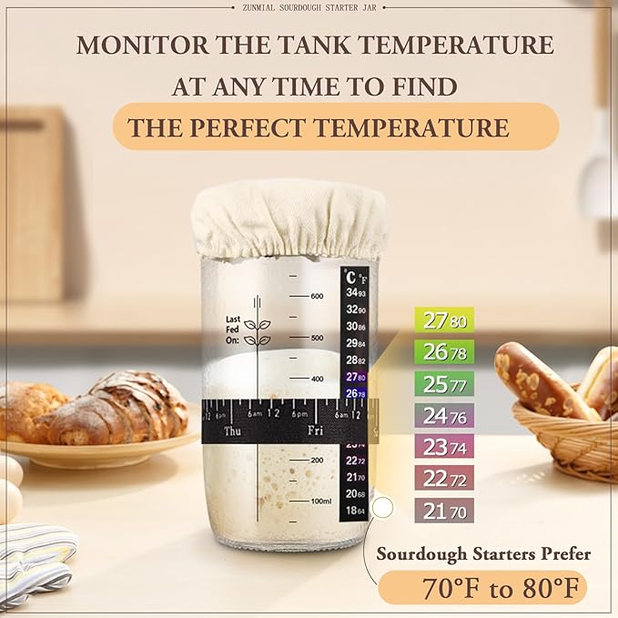 Sourdough Starter Jar, Sourdough Starter Kit with Date Marked Feeding Band, Thermometer, Cloth Cover & Metal Lid, Reusable Sourdough Bread Baking Supplies, Home Baking Supplies