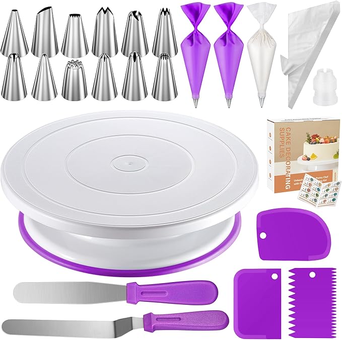 Kootek 71PCs Cake Decorating Kit, Baking Supplies Tools - Includes Cake Stand Turntable, 12 Icing Piping Tips Set, 2 Frosting Spatulas, 3 Scrapers, 50+2 Piping Bags, Coupler, Video Tutorial, Booklet