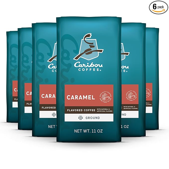 Caribou Coffee, Medium Roast Ground Coffee - Caramel Flavored 66 Ounces (6 Bags of 11 Ounces)