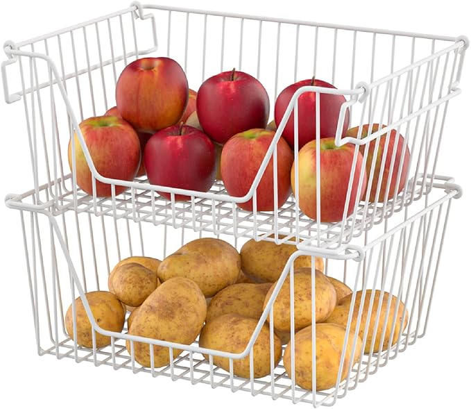 Slideep 14'' Large Stackable Storage Baskets Cabinet Organizer Sturdy Metal Wire Pantry Freezer Bin for Pantry Home Bathroom Kitchen Organization White - 4 Pack