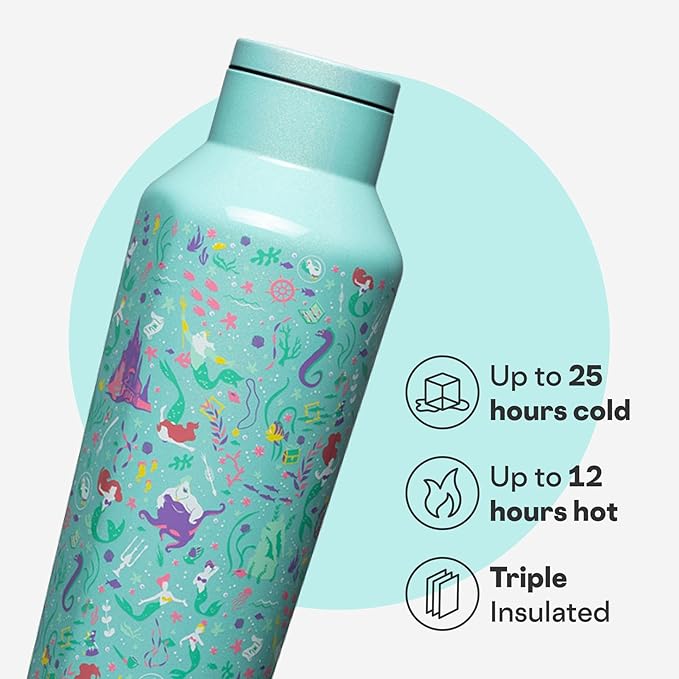 Corkcicle Disney Princess Sport Canteen - Keeps Drinks Cold for 25 Hours - Triple-Insulated Stainless Steel - Screw-On Cap - Summer Drinkware Gift - Keeps Drinks Ice Cold - 20 oz - Ariel