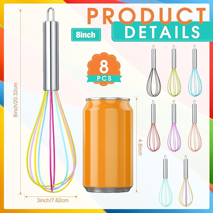 Domensi 8 Pcs 8 Inch Whisks Bulk for Cooking Silicone Whisks Non Scratch Stainless Steel Hand Coated Metal Heat Resistant Egg Beaters for Classroom Cook Party Favor Gift Supplies