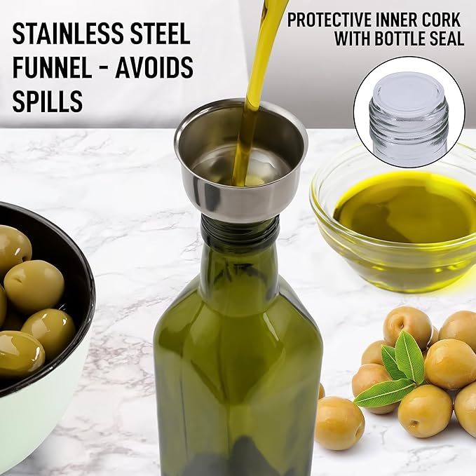 Zulay Kitchen 17oz Olive Oil Dispenser Bottle – Glass Oil Cruet with Spout, Funnel & Pourers, Easy-Pour Decanter for Kitchen Cooking and Serving (Green)