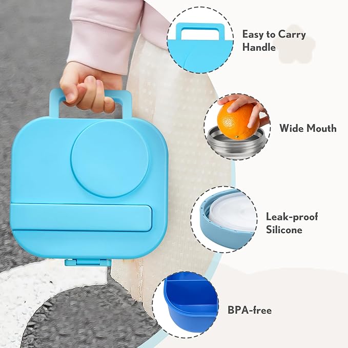 Bento Lunch Box for Kids with 12oz Soup Thermo,4 Compartments Lunch Box Containers Kids, Spoon&Sauce Jar, BPA Free&Leak proof,Insulated Food Jar for Travel((Blue)