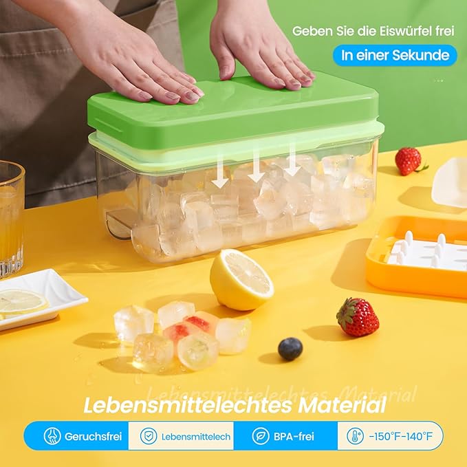 PHINOX Ice Cube Tray With Lid and Bin, Ice Trays for Freezer, Flexible Ice Cube Trays, Making 64 pcs Ice Cubes, Chilling Cocktail, Whiskey, Coffee, with 2 trays, Ice Container, Scoop&Cover, BPA Free