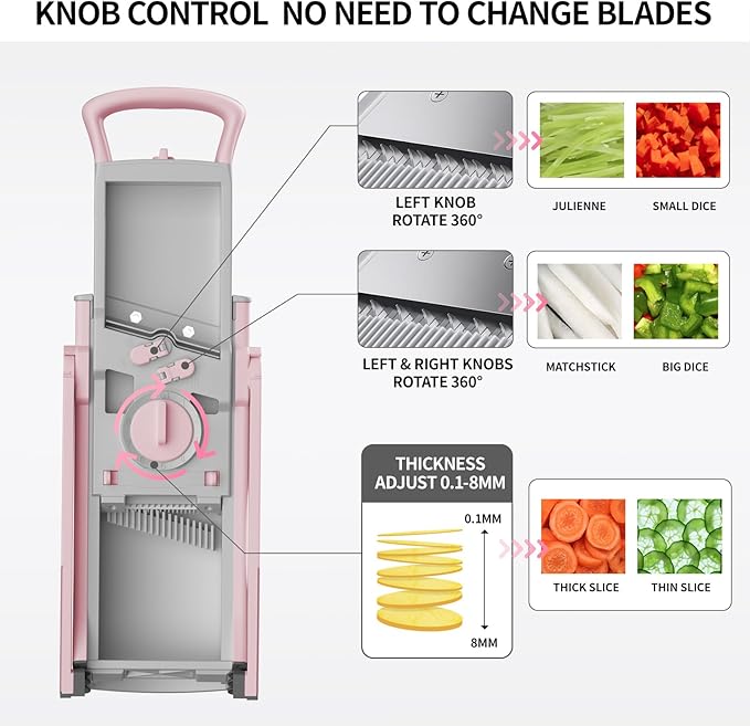 Upgrade Safe Mandoline Slicer for Kitchen, Chopper Vegetable Cutter, Potato Slicer Thickness Adjuster, French Fry Cutter, Veggie Dicer Faster Kitchen Mandolin for Meal Prep (Pink)