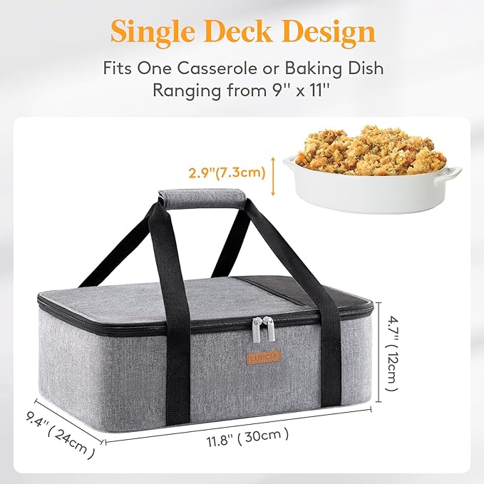 LUNCIA Insulated Casserole Carrier for Hot or Cold Food, Lasagna Lugger Tote for Potluck Parties/Picnic/Cookouts, Fits 8"x11" Baking Dish, Grey
