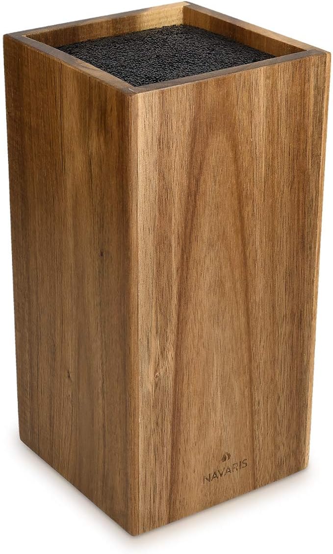 Navaris Wooden Kitchen Knife Block - Universal Bristle Knife Holder Storage Stand - Acacia Wood Knife Block - Upright Design 9.4 x 4.7 x 4.7 inches
