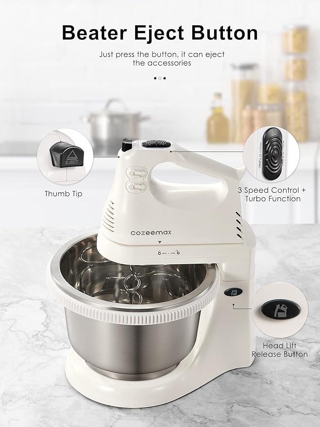 2 in 1 Hand Mixers Kitchen Electric Stand mixer with bowl 3 Quart, electric mixer handheld for Everyday Use, Dough Hooks & Mixer Beaters for Frosting, Meringues & More (White-S)