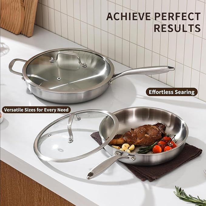 Tri-Ply Stainless Steel Pan Set, PFOA and PTFE-Free Skillet Griddle, Stainless Steel Pan Set with Lid for the Kitchen, Induction-Compatible Cookware Sets, Dishwasher and Oven Safe