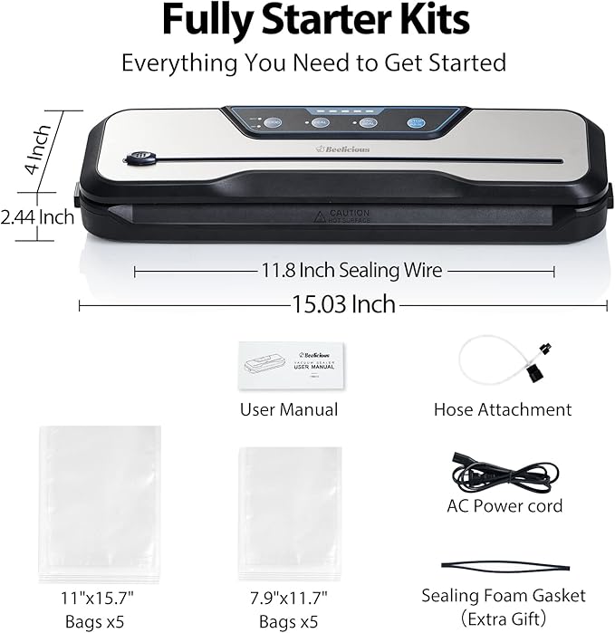 Vacuum Sealer Machine, with Starter Kit and 2-Year Warranty, Beelicious Automatic Air Sealing for Food Storage, Build-in Cutter, Moist Mode, EXT-VAC