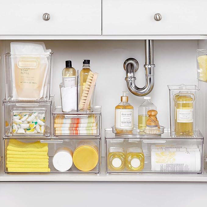 mDesign Plastic Pantry Organization and Storage Bin w/Pull Out Drawer - Shallow Stackable Kitchen Supplies Storage Container for Organizing Cabinet, Fridge, Freezer - Lumiere Collection - Clear