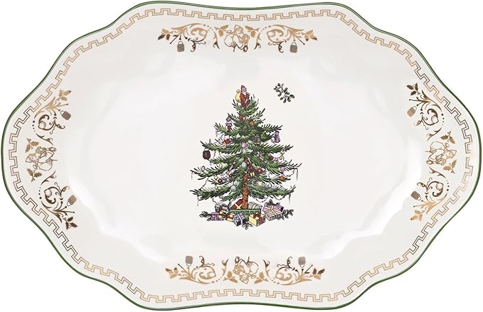 Spode Christmas Tree Gold Medium Oval Platter, 13-Inch Fine Porcelain - Nostalgic Holiday Serveware, Decorative Christmas Tree Pattern with Gold Rim - Dishwasher, Freezer Safe - Festive Table Decor