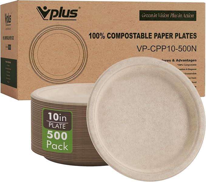 Vplus 500 Pack Compostable Disposable Paper Plates 10.25 inch Super Strong Paper Plates 100% Bagasse Natural Biodegradable Eco-Friendly Sugarcane (nature)