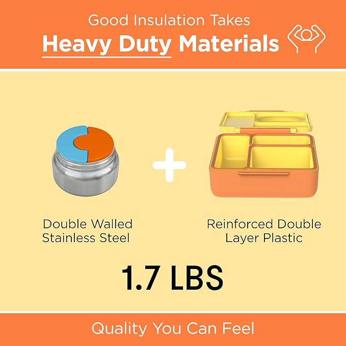 OmieBox Bento Box for Kids - Insulated Bento Lunch Box with Leak Proof Vacuum Insulated Food Jar - 3 Compartments, Two Temperature Zones (Sunshine)