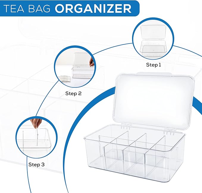 Utopia Home Tea Bag Organizer - Stackable Tea Bag Storage Organizer with Clear Top Lid- Tea bag holder For Counter tops, Kitchen Cabinets, Pantry, Sweeteners (Clear, Pack of 6)