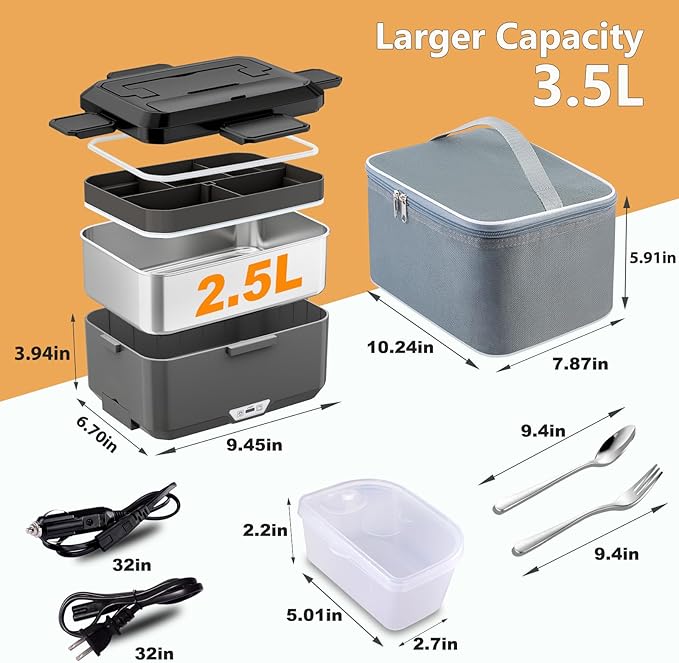 Nifogo Electric Lunch Box for Adults 3,5L 100W Portable Heated Lunch Box for Men 3 in 1 Portable Food Warmer 110V/12V/24V with Removable Stainless Steel Container & Bag