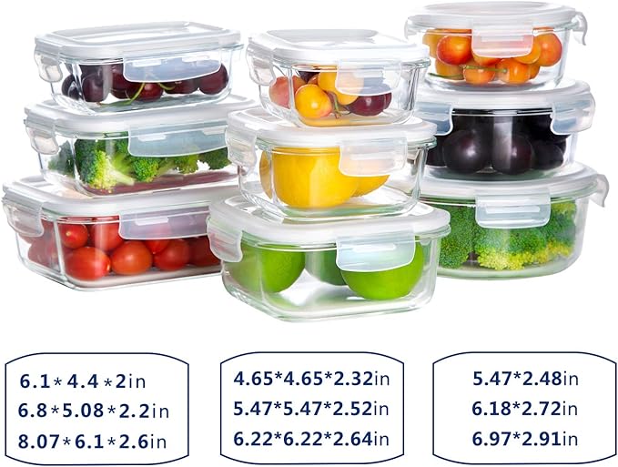 BAYCO Glass Storage Containers with Lids, 9 Sets, Meal Prep Airtight Food Storage Containers for Food Storage with Lids - BPA-Free & Leak Proof