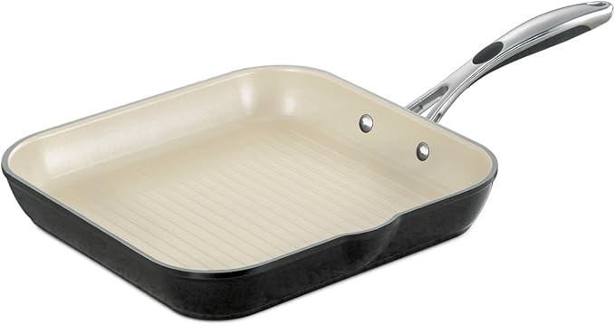 Tramontina Ceramica Deluxe 11-Inch Square Grill Pan, Ceramic Non Stick, Oven-Safe, Metallic Black