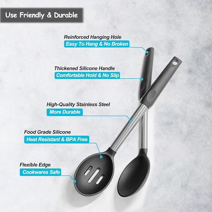 Pack of 2 Large Silicone Cooking Spoons,Non Stick Solid Basting Spoon,Heat-Resistant Kitchen Utensils for Mixing,Serving,Draining,Stirring (Black)