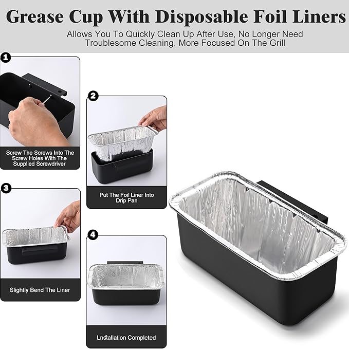 Grill Grease Catcher for Blackstone Griddle with 10 Pack Grease Cup Liners Aluminum Foil Tray Pan Drip Tray Pan for 17, 22, 28 & 36 inches Griddle (Short Hook)