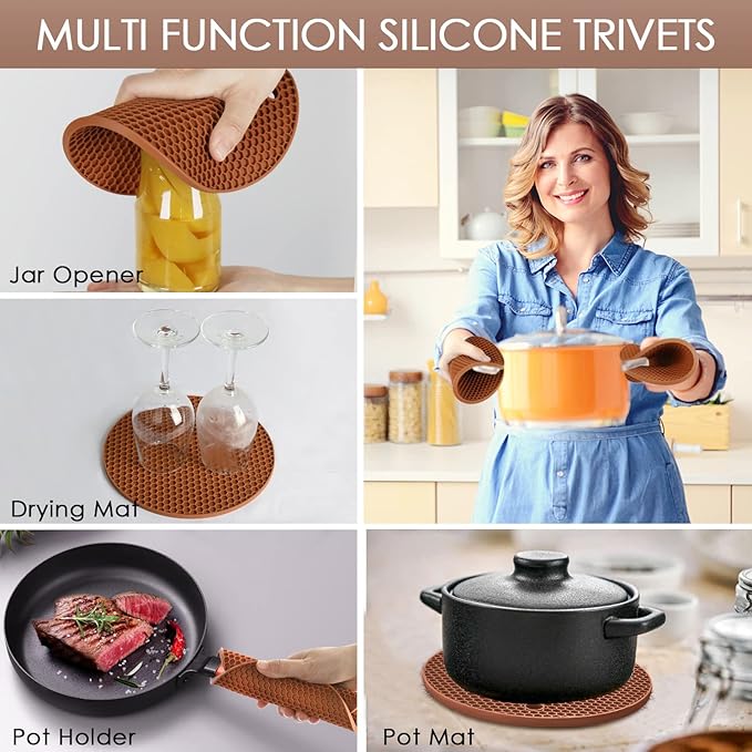 Silicone Trivets for Hot Dishs, 7 Inch & 9 Inch Heat Resistant Silicone Hot Pads Pot Holders for Kitchen Counter, Flexible Round Trivet Mats, Potholders(Coffee)