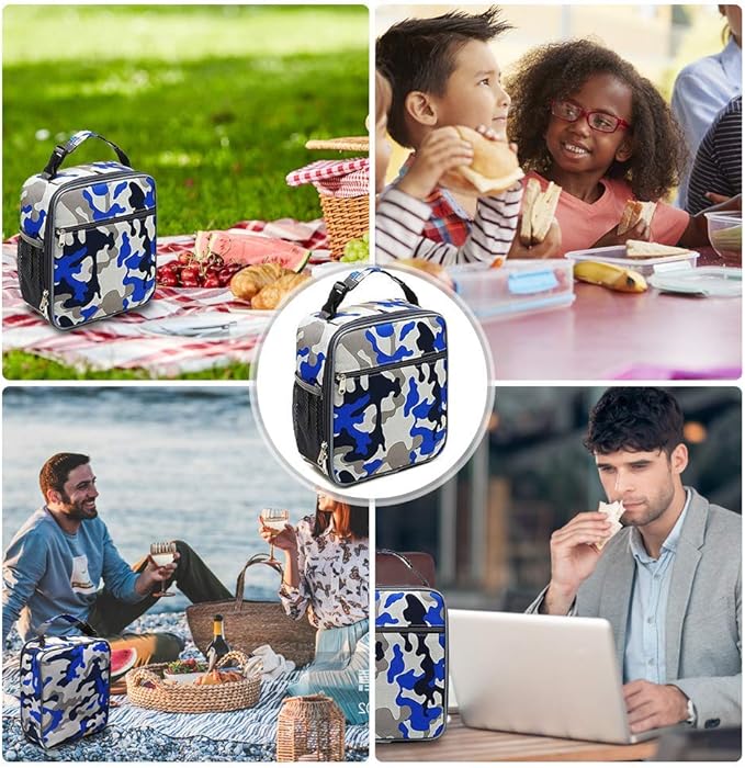 Insulated Lunch Bag, Leakproof Portable Box for Women Men Boys Girls, Large Capacity Cooler Bag with Handle and Bottle Pocket for Office School Camping Hiking Outdoor Beach Picnic (Camo Blue)