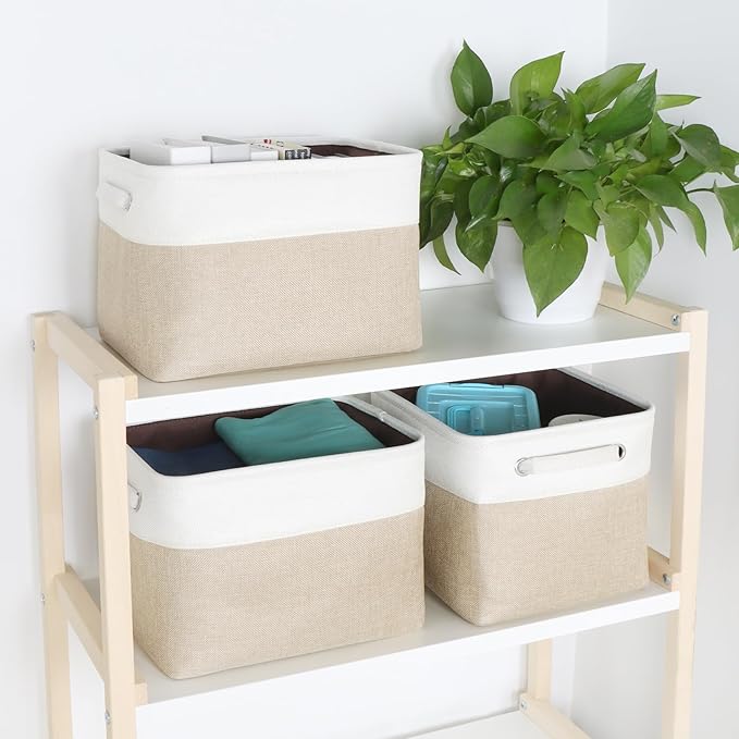 Kntiwiwo Foldable Storage Bin Collapsible Fabric Storage Basket Cube with Durable Handles Closet Organizer Bins for Organizing Shelves Drawers, Set of 3, 12" x 10" x 9.5", Beige