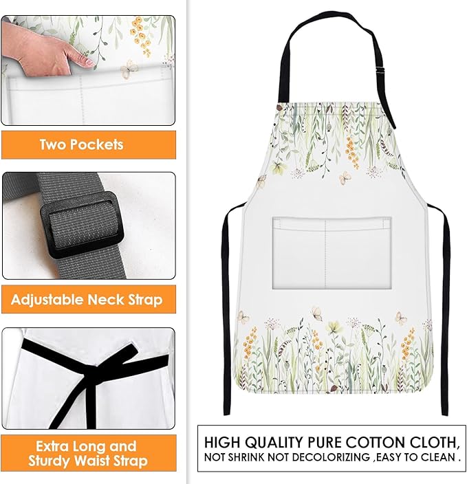 Britimes Floral Yellow Flowers Green Apron Home Kitchen Cooking Baking Gardening for Women Men with Pockets 32x28 inch