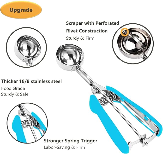 Cookie Scoop, Ice Cream Scoop, 0.8Tbsp/2.5tsp/12.5ml/0.5oz Cookie Scoops for Baking, 18/8 Stainless Steel Cookie Scooper for Baking, Cookie Dough Scoop, Ice Cream Scooper with Trigger Release (Blue)