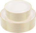 PULOTE 60 PCS Ivory Plastic Plates - Cream Plastic Disposable Include 30 Dinner and 30 Dessert Plates with Gold Rim - Ideal for Party & Wedding